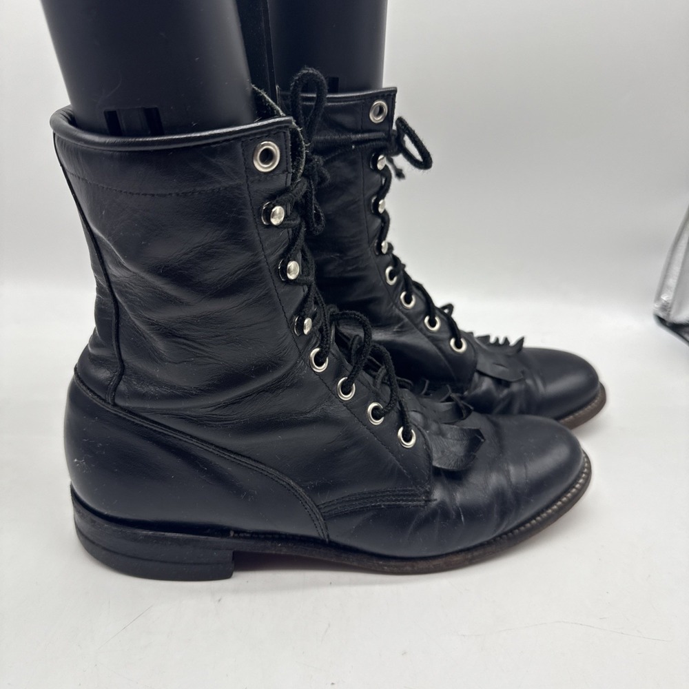Vtg Justin Boots Womens 6.5B Black Leather Lace Up Combat Fringe Kiltie USA - Picture 3 of 15